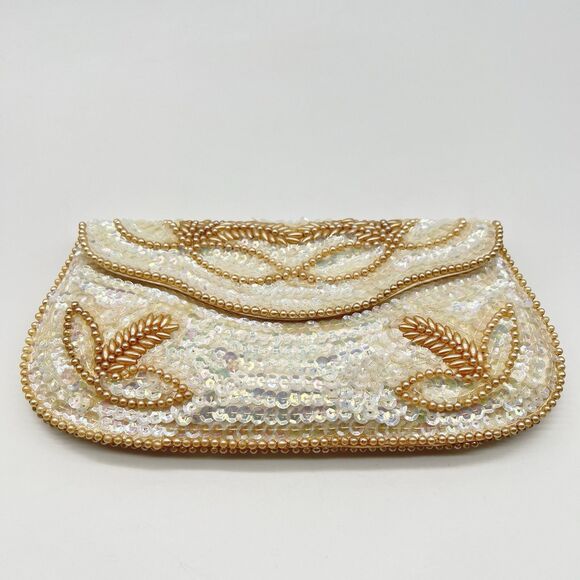 VTG Miranda Handmade Satin Beaded Cream Clutch/Purse w/Iridescent Sequin Design - Picture 3 of 8